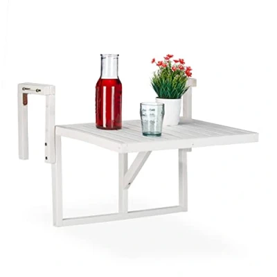 Imagen de Relaxdays Mesa Balcón Plegable, Mesita Auxiliar para Colgar de Barandilla, Altura Regulable, 55x70x65 cm, Madera, Blanca