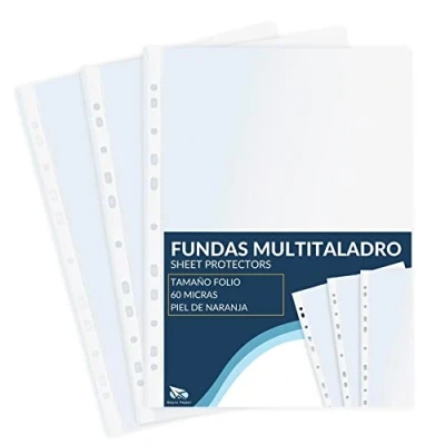 Imagen de Raylu Paper® fundas multitaladro de polipropileno 100% reciclable, para documentos gran apertura, lomo reforzado. 100 unidades. (Piel naranja, Folio 60 micras)