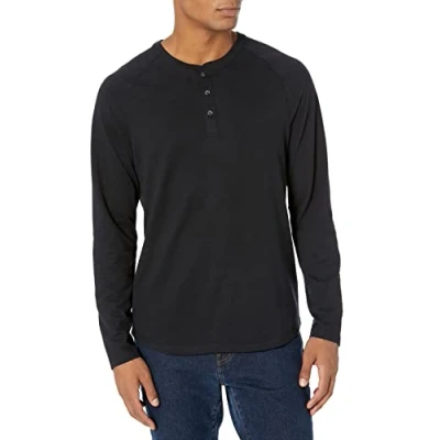 Imagen de Amazon Essentials Camiseta de manga larga con cuello Henley y corte recto (disponible en talla grandes largos especiales) Hombre, Negro, S