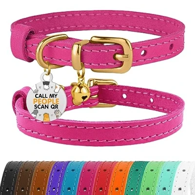 Imagen de BRONZEDOG Collar de cuero para gato con campanas, etiqueta QR gatito no separable niña y niño (rosa dorado, 23 28 cm)