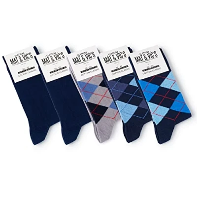 Imagen de Mat &amp; Vic’s Calcetines Clásicos de Vestir para Hombre y Mujer, Algodón, Certificado Oeko Tex 100, cómodos (5 pares, navy Mix 1 azul marino cuadros argyle, UK 4 5.5 / EU 35 38)