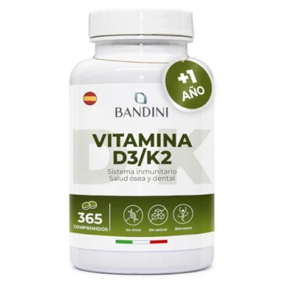 Imagen de Bandini® Vitamina D3 y K2 365 Comprimidos 12 Meses de Suministro Contribuye a la Función Normal del Sistema Inmune, Huesos Músculos D + 200µg Vitamin K 99,7% all trans alta dosis