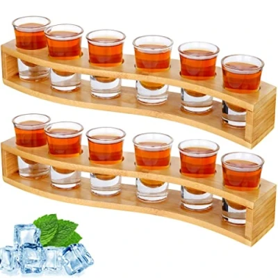 Imagen de Juego de 12 vasos chupito divertidos a granel y soporte 30 ml/1 oz cristal transparente con bandeja organizador mesa para servir bebidas alcohólicas, whisky, brandy, vodka, ron