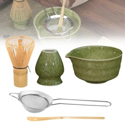 Imagen de BORDEAG juego de té matcha japonés, 5 unidades, batidores matcha, escoba completo con cuenco batidor en polvo, cuchara soporte para escobas