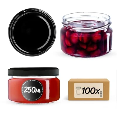 Imagen de KADAX tarros pequeños de 250 ml, mermelada con tapa, frascos herméticos para regalar, minitarros miel y especias (100 unidades, negro)