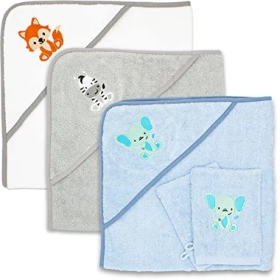 Imagen de Juego de Albornoz para Bebé con 2 Guantes Baño, Certificado Oeko Tex Standard 100, Toalla Suave Capucha Niños, Primera 80x80 cm