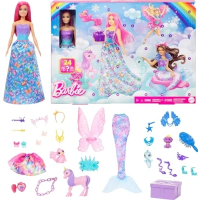 Imagen de Barbie Calendario de Adviento con muñeca pelo rosa y 24 accesorios sorpresa unicornio, sirena hada, 3 mascotas para el pelo, juguete +3 años (HRG90)