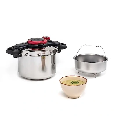 Imagen de Tefal Olla a Presión Clipso Minut Easy 6 L Acero Inoxidable, Modos de cocción alta y baja presión, 5 sistemas seguridad cierre fácil con una sola mano, cestillo vapor integrado