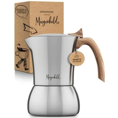 Imagen de Morgenheld Premium Cafetera espresso grande de acero inoxidable para 6 tazas (300 ml) café italiana moka cocina inducción gas Maceta moca