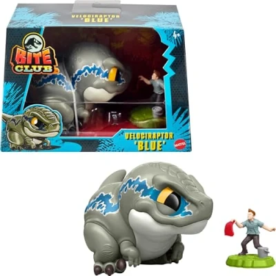 Imagen de Mattel ​Jurassic World Bite Club Figura coleccionable, Velociraptor &#039;Blue&#039; Chubby Stylized Dinosaur de aproximadamente 4 pulgadas con accesorio​, HVB37