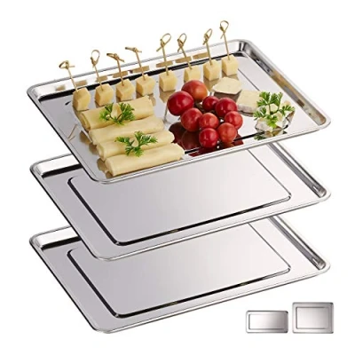 Imagen de Relaxdays 10030060_58 Bandejas para Servir, Set de 3, Acero Inoxidable, Plato Quesos, Embutidos, Apto Lavavajillas, 33x26,5cm