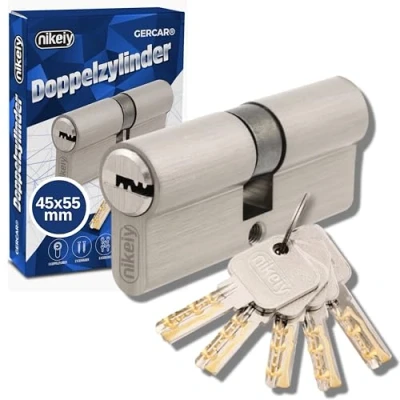 Imagen de GERCAR Pro cilindro de perfil, 45/55, macizo, cerradura para puerta, doble cilindro, latón, niquelado, incluye 5 llaves reversibles, longitud: 100 mm, A: 45, B: 55