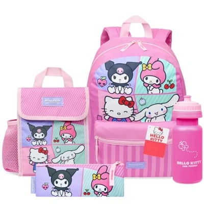 Imagen de Hello Kitty Sanrio Mochila Escolar Set de 4 Piezas con Botella Agua Estuche Bolsa Almuerzo Cinnamoroll Kuromi Material