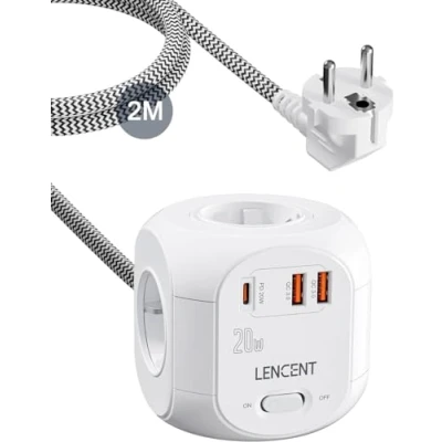 Imagen de LENCENT Cubo Regleta Enchufes 2M con Carga Rápida PD20W, para Uso Interior, USB 4 Tomas de CA, 2 y 1 Tipo C Hogar, Cocina Oficina