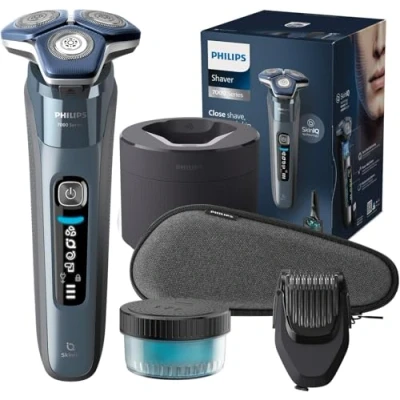 Imagen de Philips Serie 7000 Afeitadora Eléctrica Hombre, Máquina de Afeitar Barba con Barbero, 45 cuchillas, Para piel sensible, 60min uso, En Seco y Húmedo, Recargable, Centro Limpieza, S7882/54, Azul