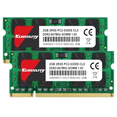 Imagen de Kuesuny 4GB Kit (2GBX2) DDR2 667 sodimm RAM, PC2 5300 / 5300S CL5 200 Pin Non ECC Unbuffered Notebook Laptop Memory Modules