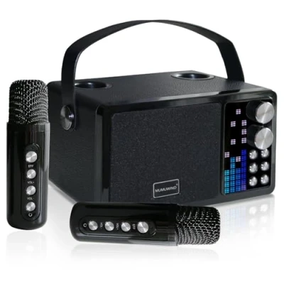 Imagen de Karaoke 2 microfonos inalambricos, Bluetooth Altavoz con microfono para Niños, Portátil Máquina de Professional Soporte Tarjeta TF, AUX, Disco U, Ideal Boda, Fiesta (Black)