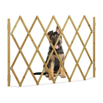 Imagen de Relaxdays Barrera para perros, puerta de seguridad puertas y escaleras, rejilla en forma tijera extensible hasta 116,5 cm, 82,5 cm altura, natural, L