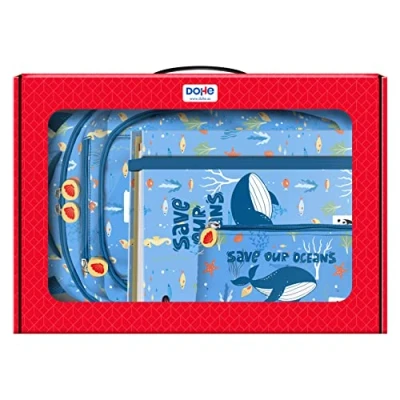 Imagen de Dohe Pack Material escolar Mochila Ergonómica 14 Litros, Carpeta A4 de anillas con 100 Hojas y Estuche Portatodo Triple WWF Save Our Oceans