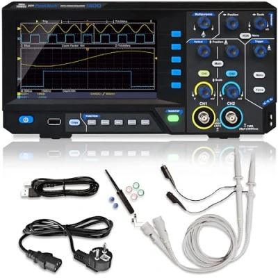 Imagen de PeakTech 1400 Osciloscopio digital compacto de 2 canales Oscilloscopio 5MHz ancho banda Velocidad muestreo rápida 100 MS/s Puerto USB, software PC, representación XY y zoom Negro