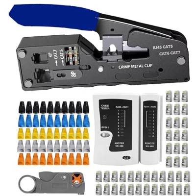 Imagen de MAYLINEE pelacables alicates de Cat5e Cat6 Kit herramientas Reparación Cables red para RJ45, Cortador Pelado Ethernet, Crimpado Profesional LAN 50 Conectores (Rojo)
