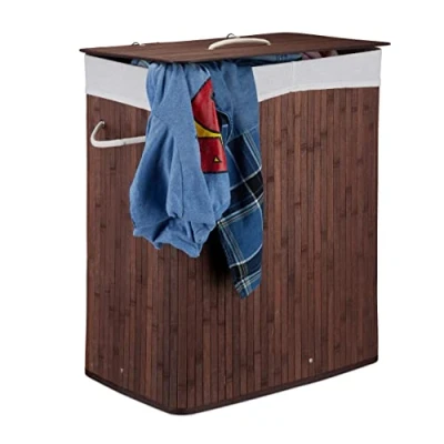Imagen de Relaxdays Cesto Ropa Sucia con Tapa y 2 Compartimentos, Cubo Colada Plegable, Canasta, Bambú, 95 L, Marrón