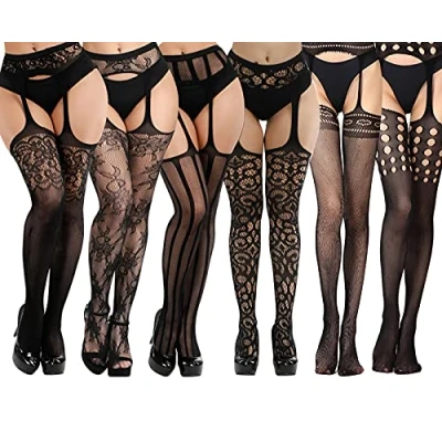Imagen de DRESHOW Medias de red para mujer con tirantes altas hasta el muslo