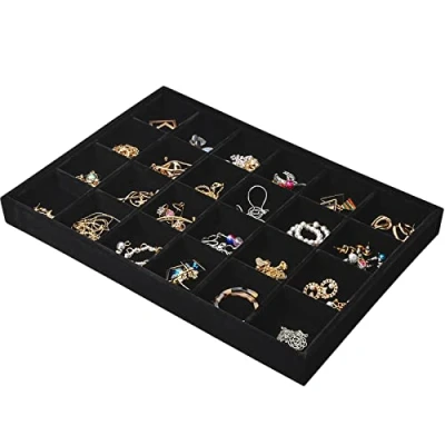 Imagen de 24 Rejillas Bandejas Joyas de Terciopelo para Cajón, Apilables Organizador Bandeja Almacenamiento, Extraíbles Exhibición Joyería Anillo Pulsera Pendiente Collar, 35x24x3cm(Negro)