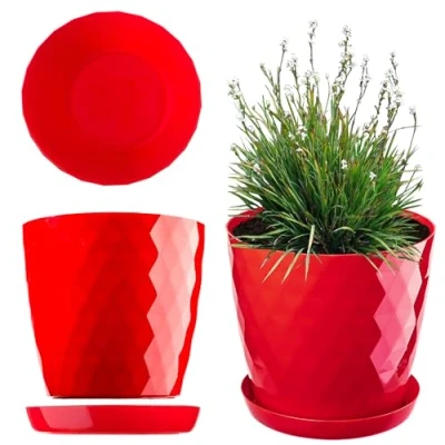Imagen de KADAX Maceta para Flores, con Base, de plástico Interior, Macetero Redondo, Decorativa, Moderna 16 cm, Rojo