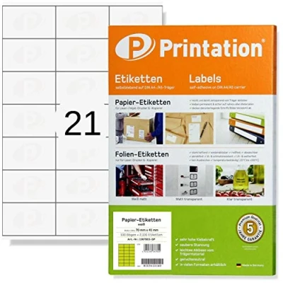 Imagen de Printation Pegatinas blancas adhesivas 70 x 41 mm 2100 etiquetas blanches 100 hojas A4 21 labels/hoja 3x7 70x41 para impresora inkjet, láser y fotocopiadoras 3481 4473