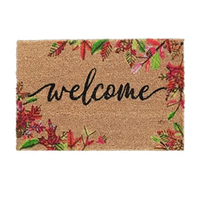 Imagen de Relaxdays Felpudo Fibra de Coco, Estampados Hojas Otoño, Palabra Welcome, 40 x 60 cm, Interior y Exterior, Multicolor