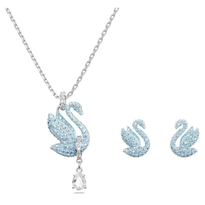 Imagen de Swarovski Conjunto Iconic Swan, Pavé de Cristales Azul Hielo, Baño Rodio