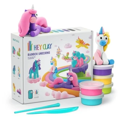 Imagen de Hey Clay Rainbow Unicorns Juego de 15 latas arcilla secado al aire para niños con herramientas escultura e instrucciones interactivas divertidas, regalo a partir 3 años