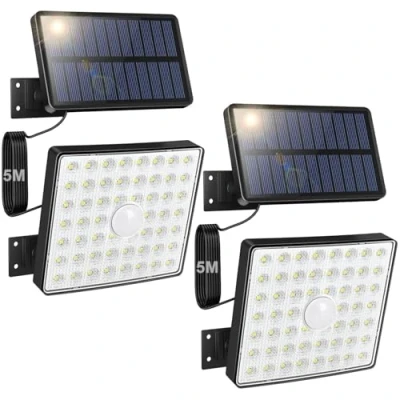 Imagen de Moman Focos LED Exterior Solares, 2PCS/54LED Luz Solar con Sensor de Movimiento 4 Modos Ajustables IP65 Impermeable Potente Lampara 5M Cable para Jardin, Foco