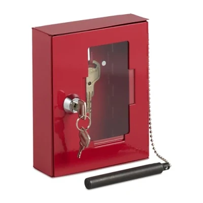 Imagen de Relaxdays Caja para Llave de Emergencia, Cajetín con Ventana Vidrio y Rompecristales, Cerradura, Cajita Metal, Rojo, Hierro, 15 x 12 5 cm