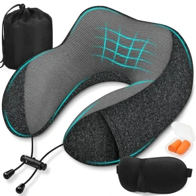 Imagen de SOMLAW Almohada de Viaje para Cuello, Comfy Avion Viscoelastica Espuma Memoria, Cojin Cuello con Máscara Ojos, Tapones y Bolsa, Ideal Avión, Tren Coche