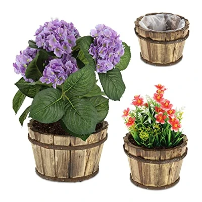 Imagen de Relaxdays Pack Macetas de Madera, 3 Tamaños, Tiestos Flores, Interior y Exterior, Forro Plástico, Redondas, Marrón, Set