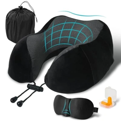 Imagen de FANHOMAS Almohada de Viaje, Cojin Cuello Viaje Espuma Memoria, Cervical para Oficina Avión Tren Coche, Travel Neck Pillow con Tapones los Oídos y Máscara Ojos Negro