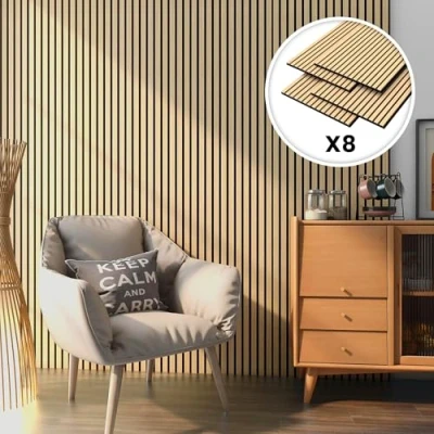 Imagen de NEU.HOLZ Set de 8X Paneles Pared Acústicos Revestimiento Paredes Listones Decorativos en MDF y Fieltro 120 x 60 2 cm (5,76 m²) Roble