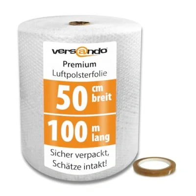 Imagen de Rollo de plástico burbujas la marca Versando. 50 cm x 100 m, doble capa, µm grosor, incluye cinta adhesiva, mm 66 color m lámina acolchado + 1 adhesiva versando