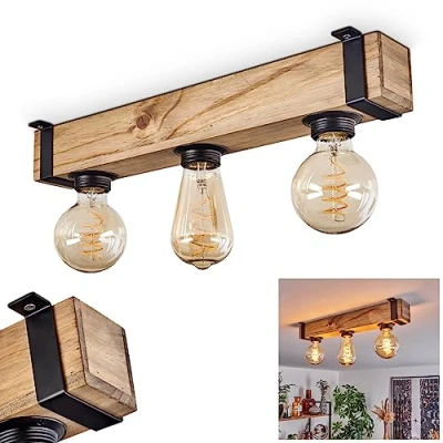 Imagen de lámpara de techo Montgomery, metal/madera en negro/naturaleza, estilo industrial, retro/vintage con haz madera, 3 x casquillo E27. sin bombillas