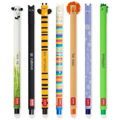 Imagen de LEGAMI Paquete de 7 bolígrafos gel borrables con tinta borrado termosensible, gama diseños cuerpo, punta 0,7 mm, panda, gato, abeja, llama, león,