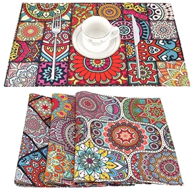 Imagen de Boho Mandala Mantel Individual Decorativo Lino Resistente al Agua Manteles Individuales Étnicos Estilo Bohemio Flor Paisley Lavables para Cocina Comedor Pack de 4 45 x 32 cm