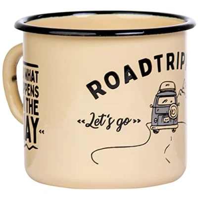 Imagen de MUGSY I taza esmaltada para viaje por carretera, con diseño de autobús camping, 330 ml, esmaltada, equipo camping (amarillo)