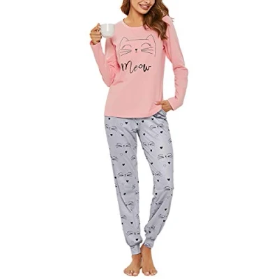 Imagen de Sykooria Conjunto de Pijama Mujer Algodón Manga Larga Invierno Top y Pantalones Ropa Dormir Suave para Pjs Lounge Wear(Naranja,S)
