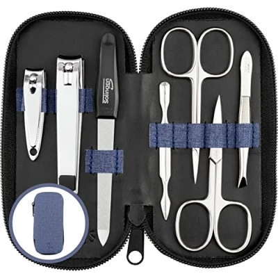 Imagen de marQus Set manicura de 7 piezas Solingen y pedicura en estuche piel sintética: 2 tijeras, cortaúñas, lima, retira cutículas pinza, kit para hombre mujer