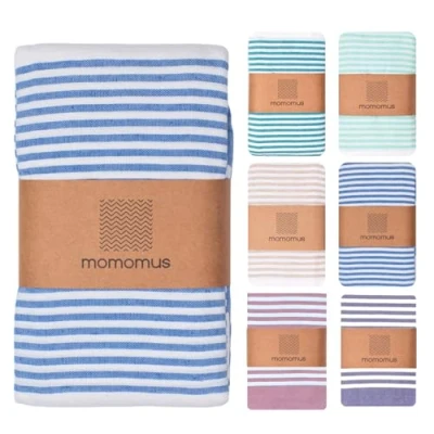Imagen de MOMOMUS Fouta Playa XXL o Fina Manta de Pícnic para Grande, con Flecos, A Rayas Toalla/Alfombra Grande Antiarena Azul, 210x240 cm
