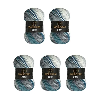 Imagen de Wollbiene Batik 5950 5 ovillos de 100 g, 500 lana con degradado multicolor, multicolor (5950 azul, turquesa y gris)