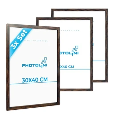 Imagen de PHOTOLINI marcos 30x40 cm madera MDF roble oscuro, set de 3 para pósteres, cristal acrílico, colgar, incluye accesorios fotos, láminas y pósteres