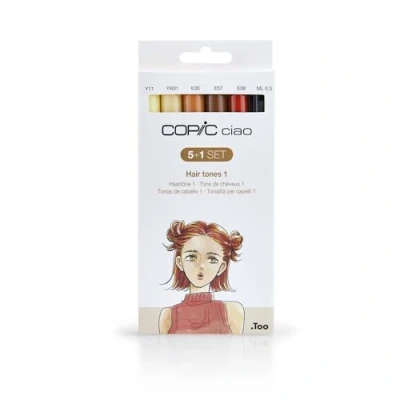 Imagen de COPIC Ciao 5+1 Set «Hair Tones 1», 5 Rotuladores dobles con punta mediana y de pincel, incl. Multiliner Negro 0,3 mm
